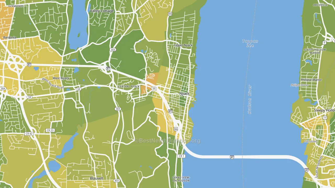 Map of the best neighborhoods in the Nyack area, with better matches in green and worse matches in red