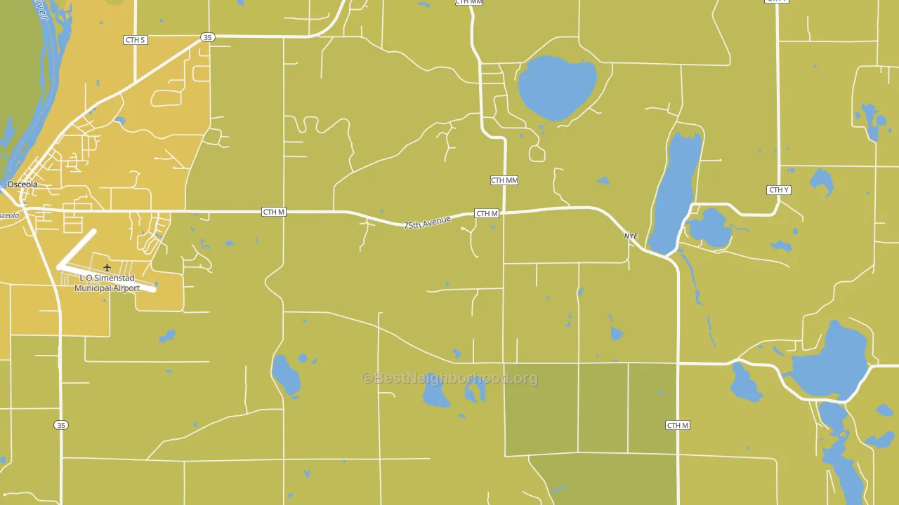 Map of the best neighborhoods in the Nye area, with better matches in green and worse matches in red