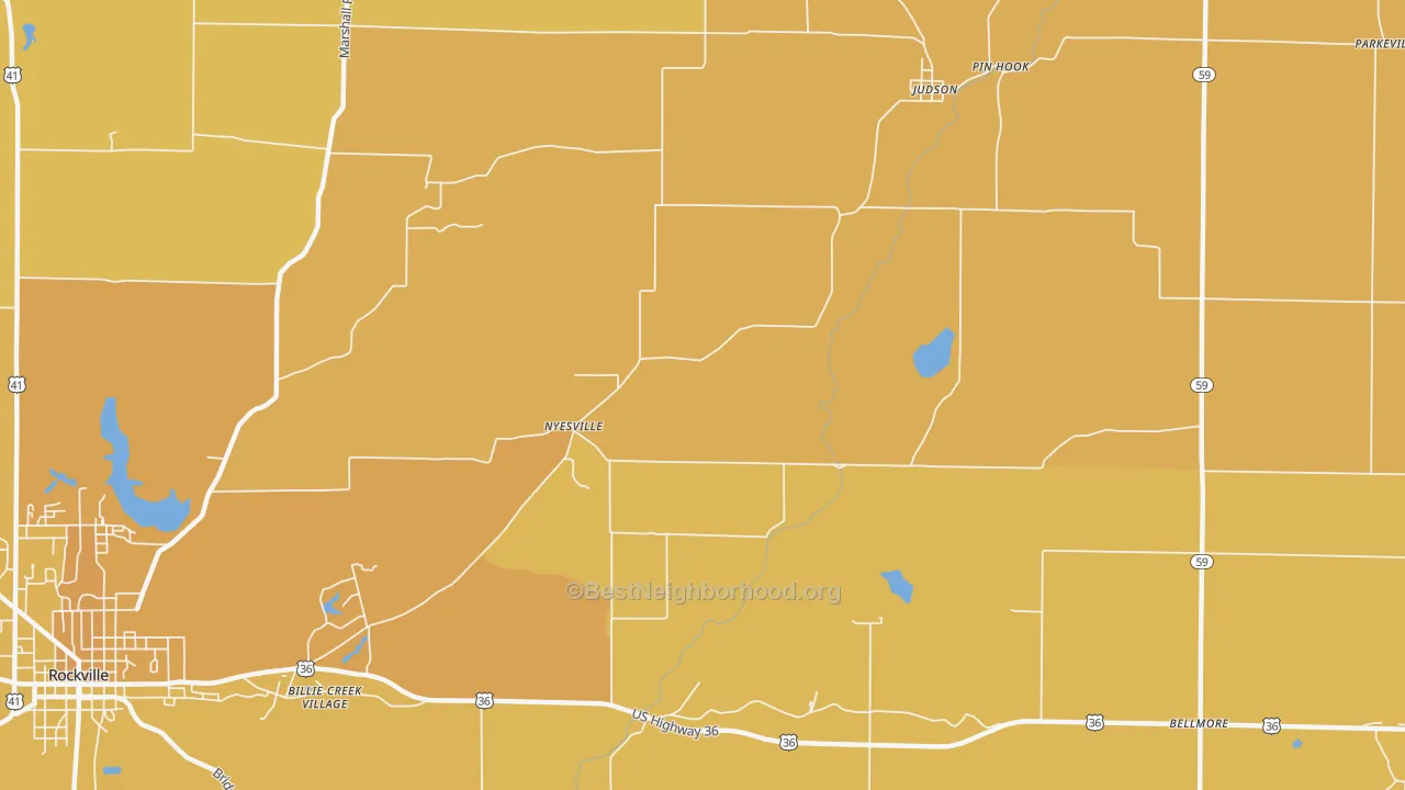 Map of the best neighborhoods in the Nyesville area, with better matches in green and worse matches in red