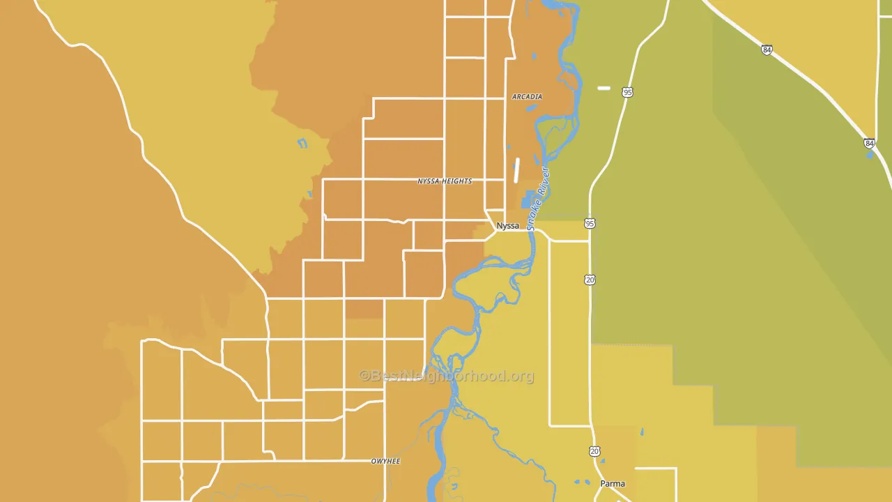 Map of the best neighborhoods in the Nyssa area, with better matches in green and worse matches in red