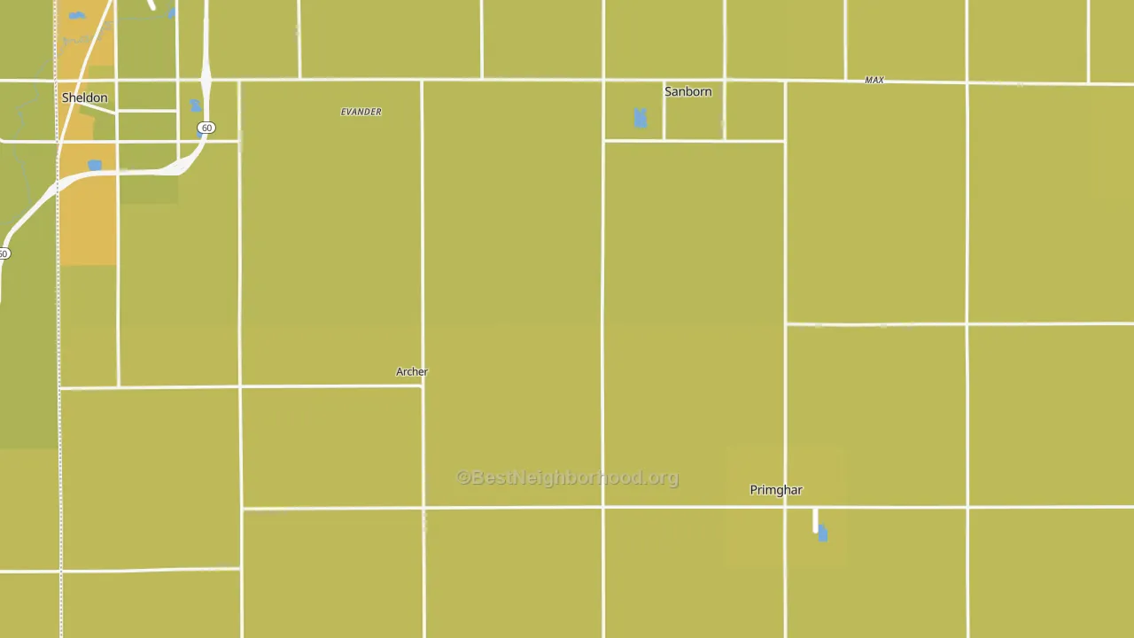 Map of the best neighborhoods in the O'Brien County area, with better matches in green and worse matches in red