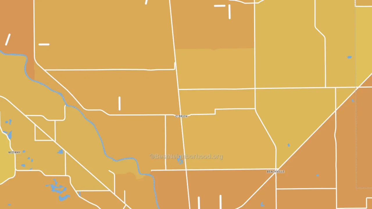 Map of the best neighborhoods in the O'Brien area, with better matches in green and worse matches in red