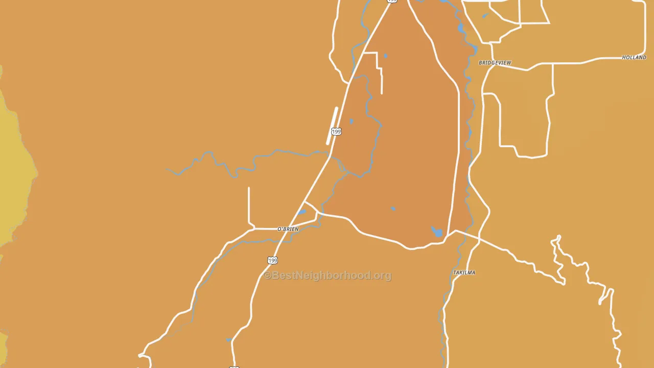 Map of the best neighborhoods in the O'Brien area, with better matches in green and worse matches in red