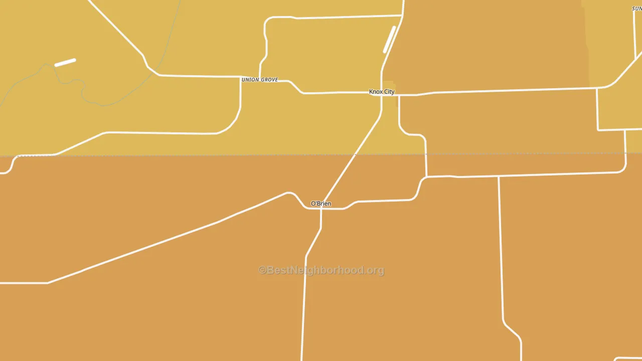 Map of the best neighborhoods in the O'Brien area, with better matches in green and worse matches in red