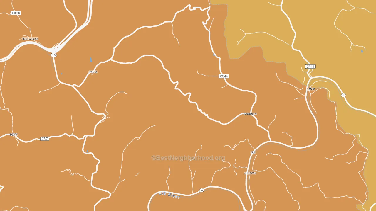 Map of the best neighborhoods in the O'Brion area, with better matches in green and worse matches in red