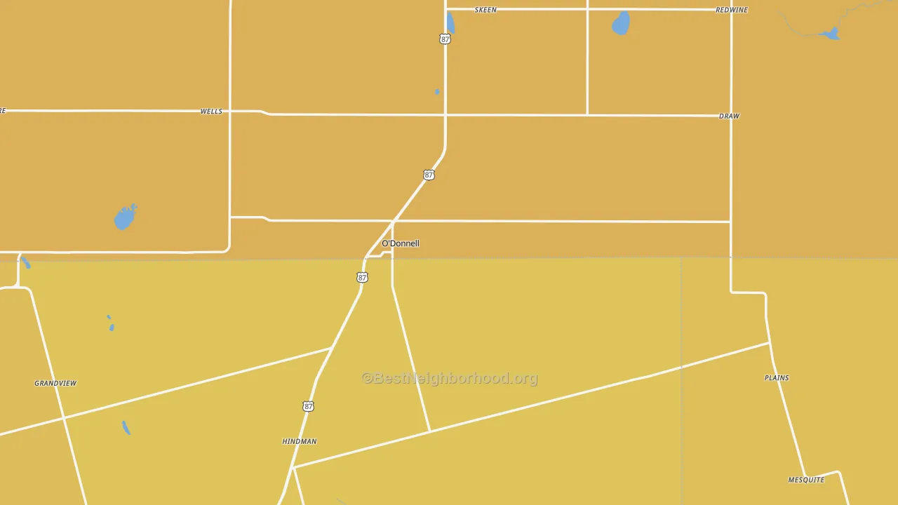 Map of the best neighborhoods in the O'Donnell area, with better matches in green and worse matches in red