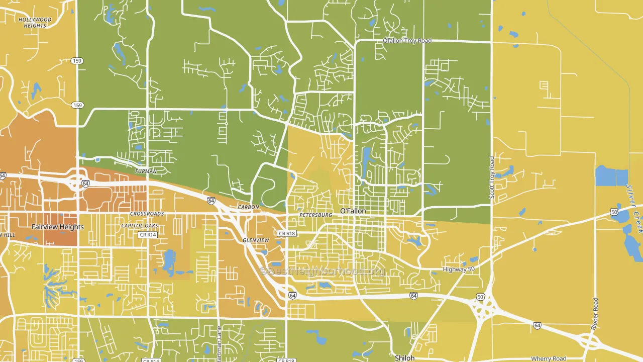 Map of the best neighborhoods in the O'Fallon area, with better matches in green and worse matches in red