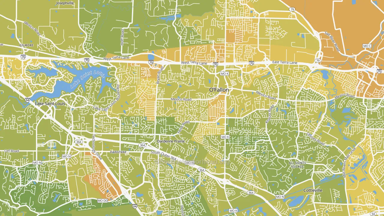 Map of the best neighborhoods in the O'fallon area, with better matches in green and worse matches in red