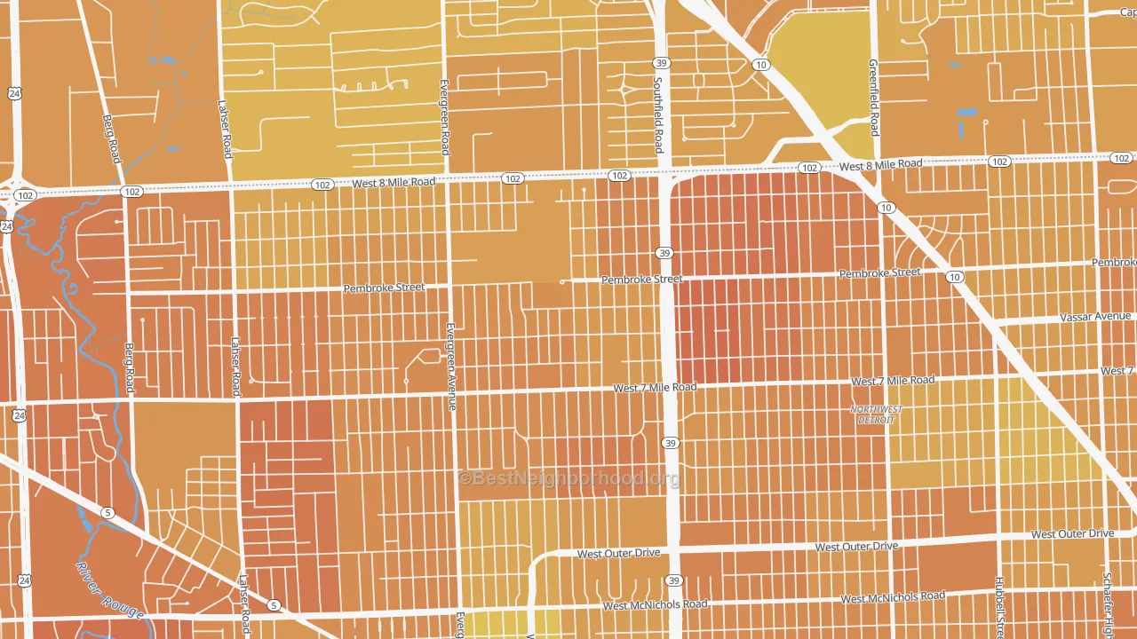 Map of the best neighborhoods in the O Hair Park, Detroit area, with better matches in green and worse matches in red