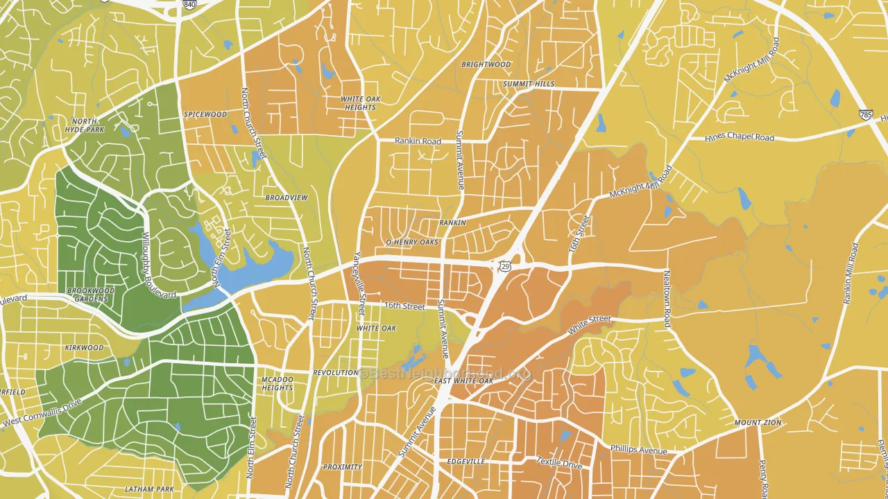 Map of the best neighborhoods in the O Henry Oaks, Greensboro area, with better matches in green and worse matches in red