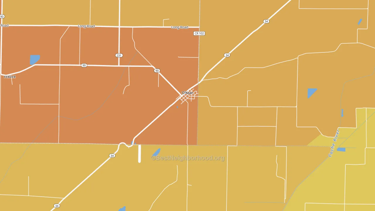 Map of the best neighborhoods in the O'Kean area, with better matches in green and worse matches in red