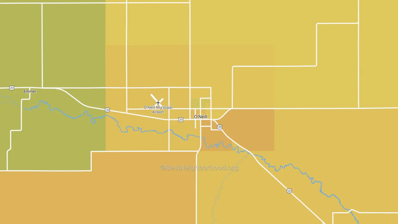 Map of the best neighborhoods in the O'Neill area, with better matches in green and worse matches in red