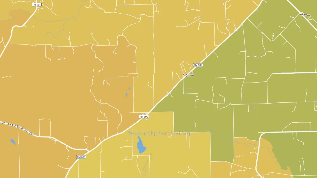 Map of the best neighborhoods in the O'Quinn area, with better matches in green and worse matches in red