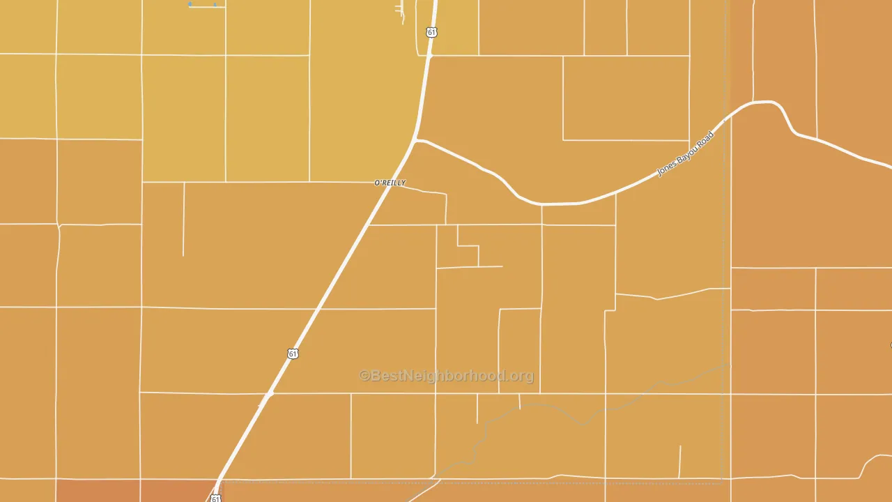 Map of the best neighborhoods in the O'reilly area, with better matches in green and worse matches in red
