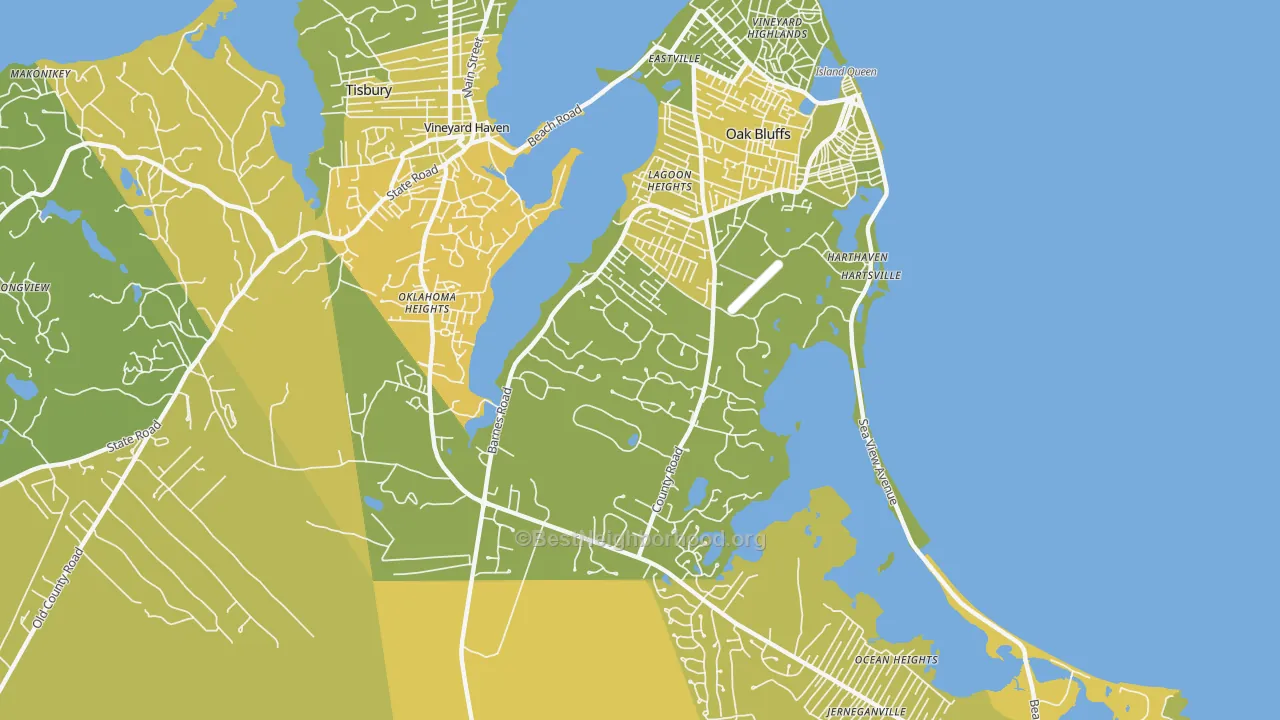 Map of the best neighborhoods in the Oak Bluffs area, with better matches in green and worse matches in red