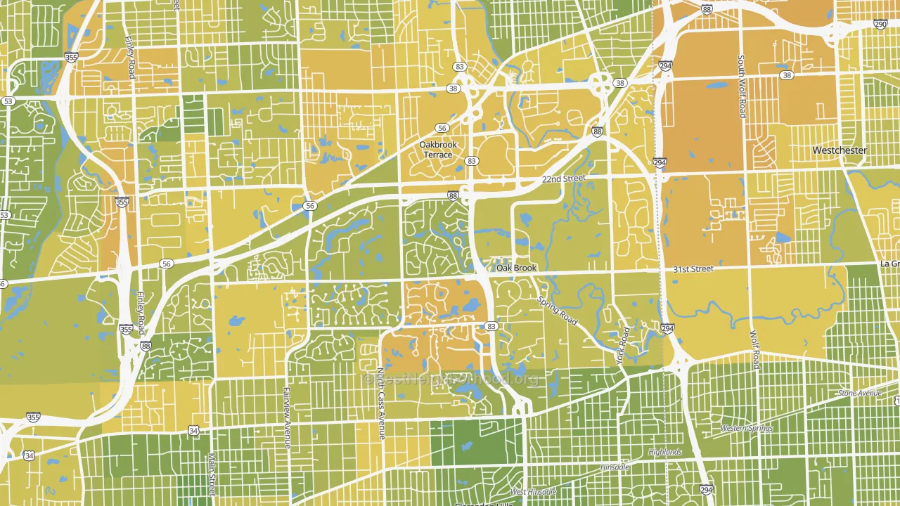 Map of the best neighborhoods in the Oak Brook area, with better matches in green and worse matches in red