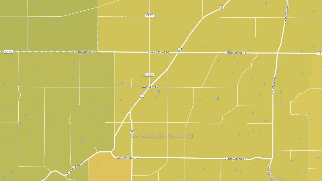 Map of the best neighborhoods in the Oak Center area, with better matches in green and worse matches in red