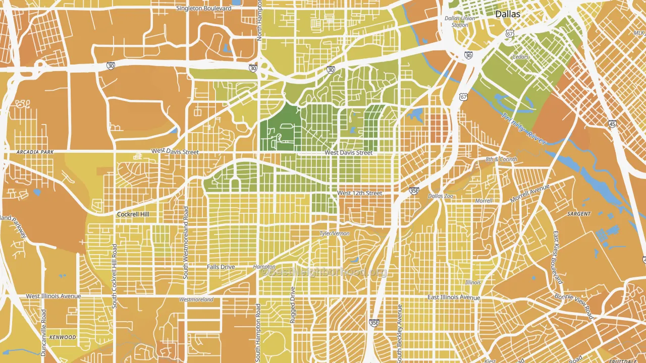 Map of the best neighborhoods in the Oak Cliff, Dallas area, with better matches in green and worse matches in red