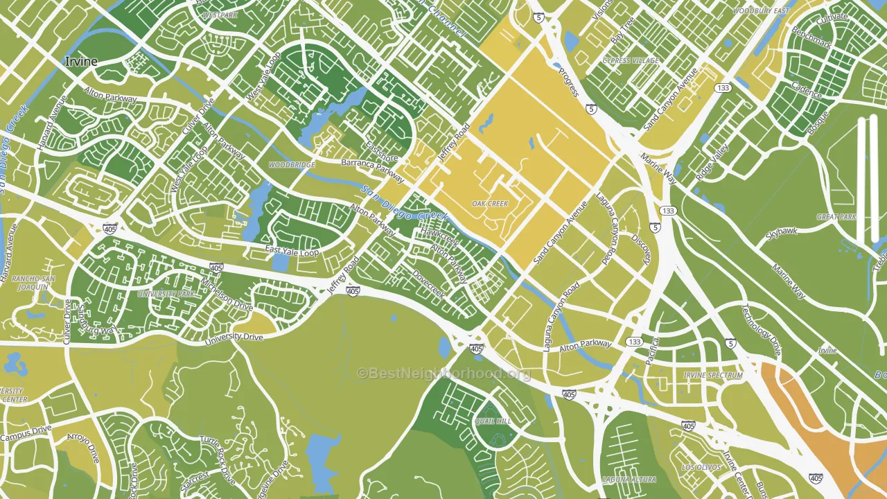 Map of the best neighborhoods in the Oak Creek, Irvine area, with better matches in green and worse matches in red