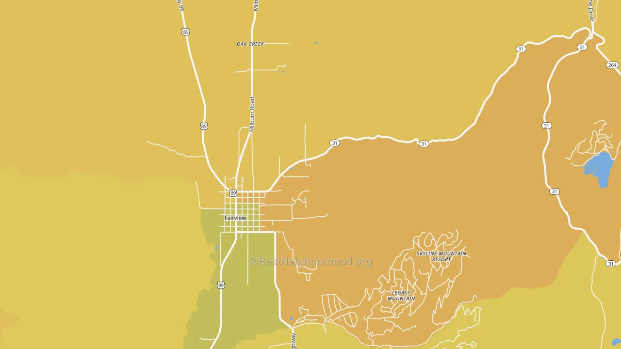Map of the best neighborhoods in the Oak Creek area, with better matches in green and worse matches in red