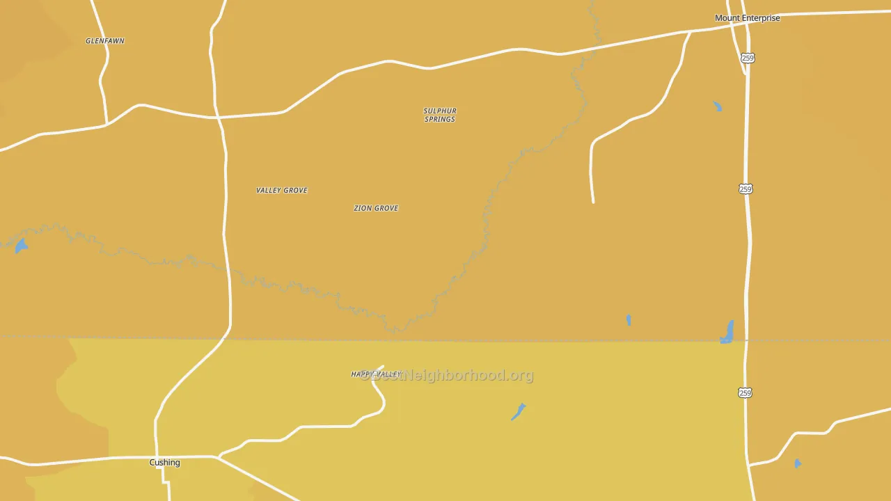 Map of the best neighborhoods in the Oak Flat area, with better matches in green and worse matches in red