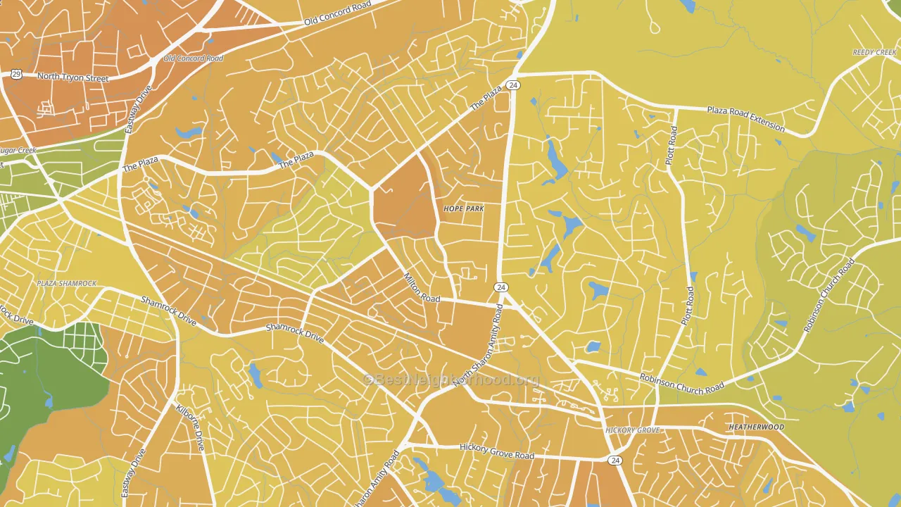 Map of the best neighborhoods in the Oak Forest, Charlotte area, with better matches in green and worse matches in red