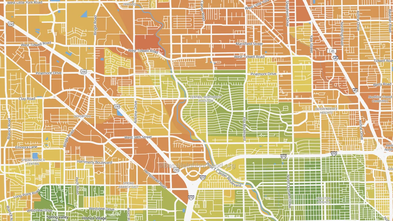 Map of the best neighborhoods in the Oak Forest-Garden Oaks, Houston area, with better matches in green and worse matches in red