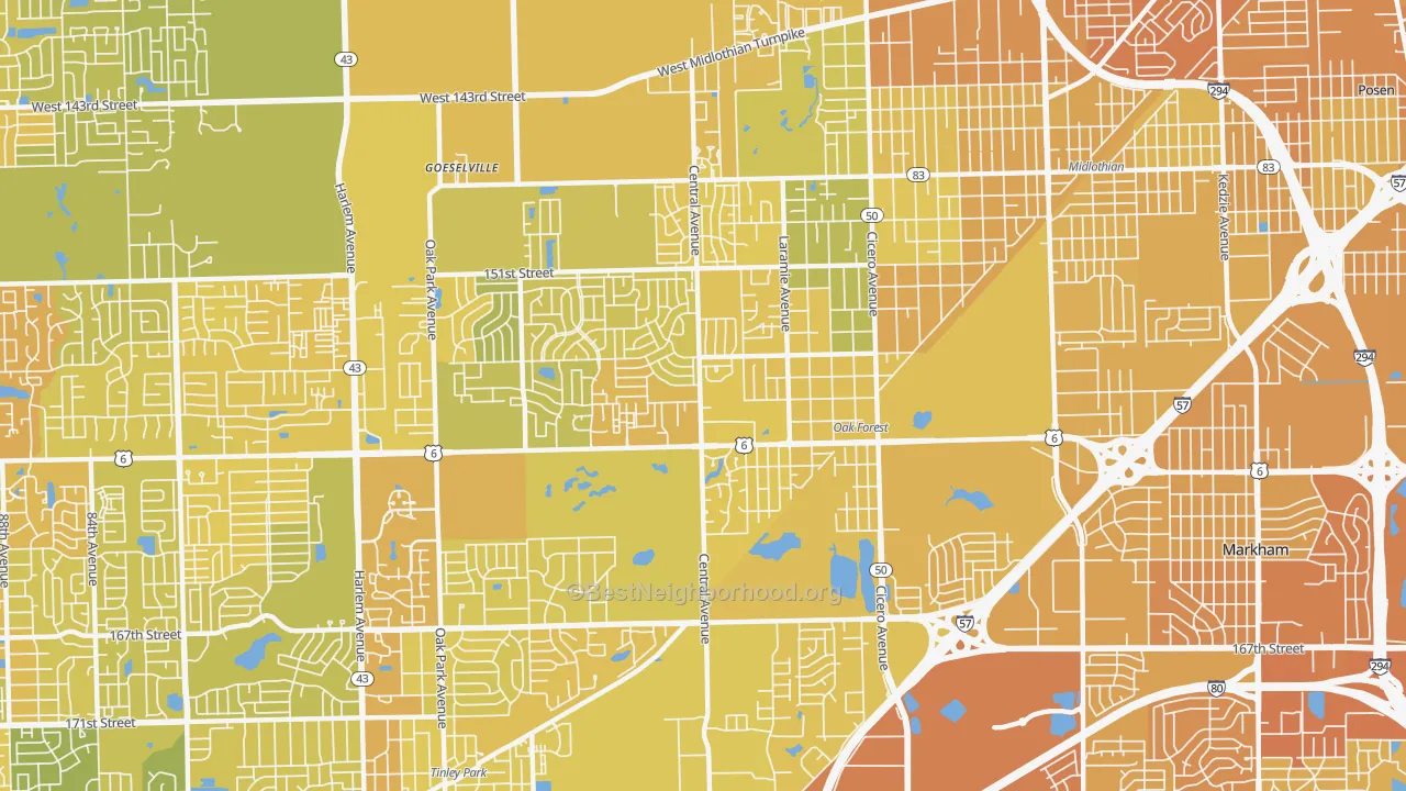 Map of the best neighborhoods in the Oak Forest area, with better matches in green and worse matches in red