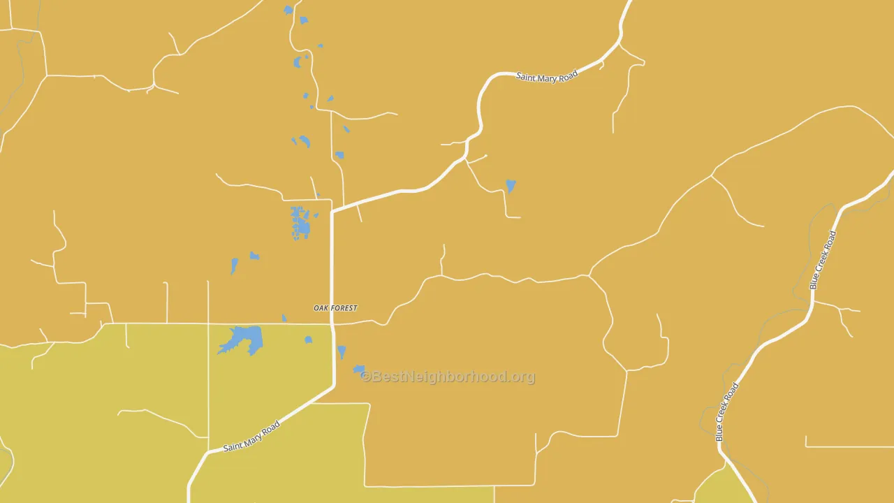 Map of the best neighborhoods in the Oak Forest area, with better matches in green and worse matches in red