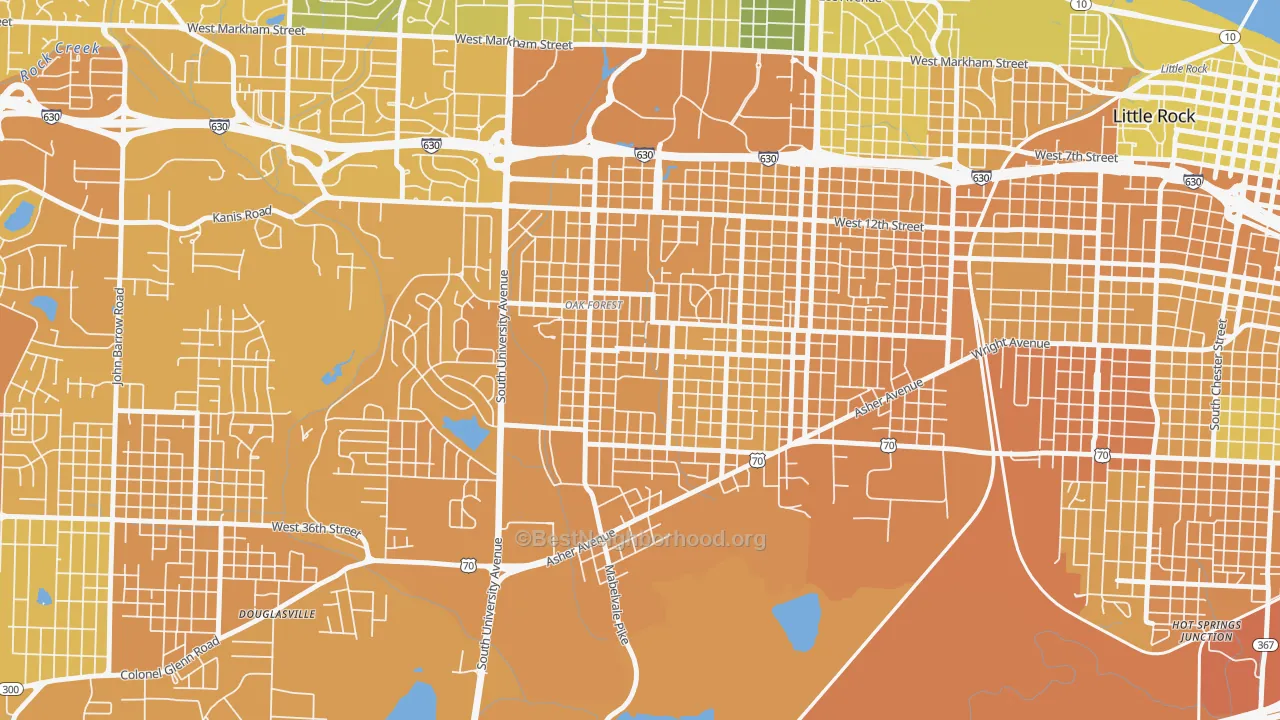 Map of the best neighborhoods in the Oak Forest, Little Rock area, with better matches in green and worse matches in red