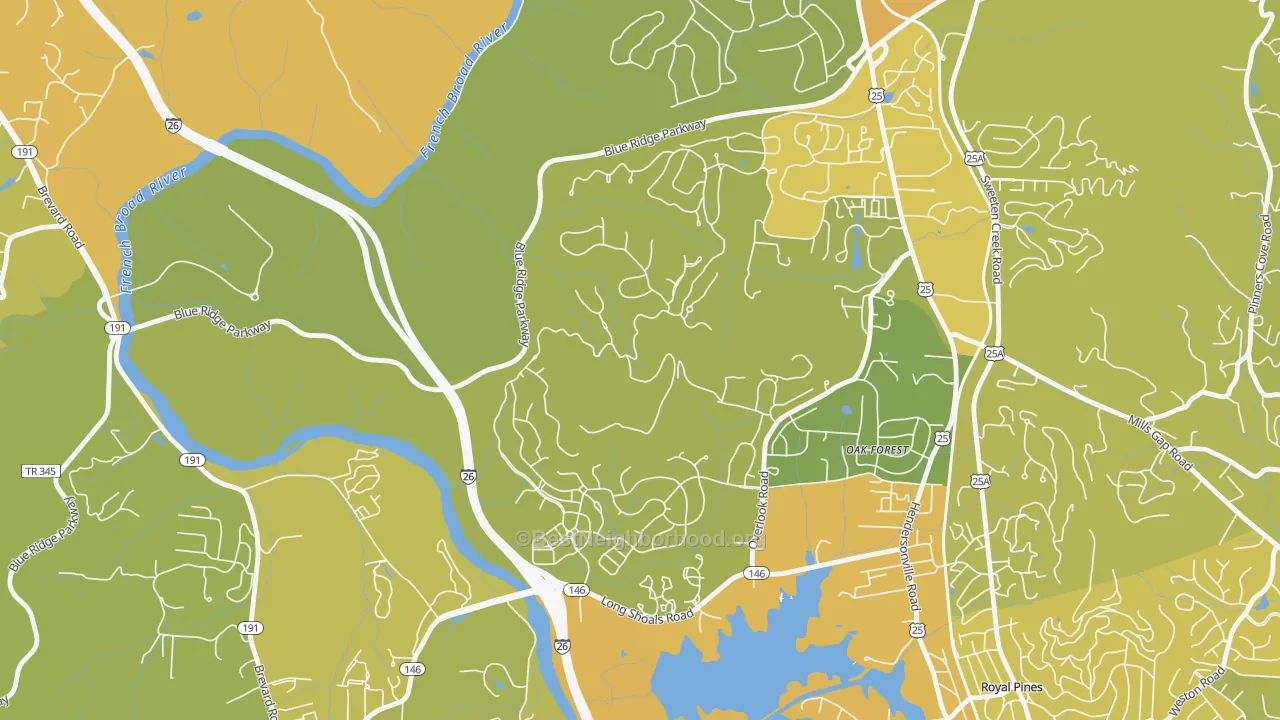 Map of the best neighborhoods in the Oak Forest area, with better matches in green and worse matches in red