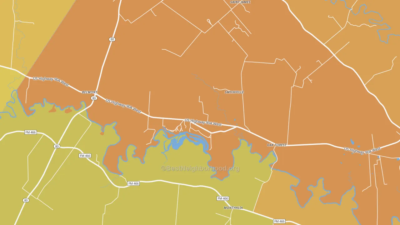 Map of the best neighborhoods in the Oak Forest area, with better matches in green and worse matches in red