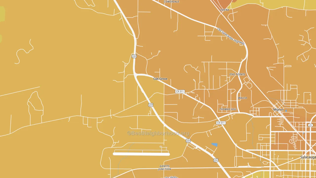 Map of the best neighborhoods in the Oak Grove area, with better matches in green and worse matches in red