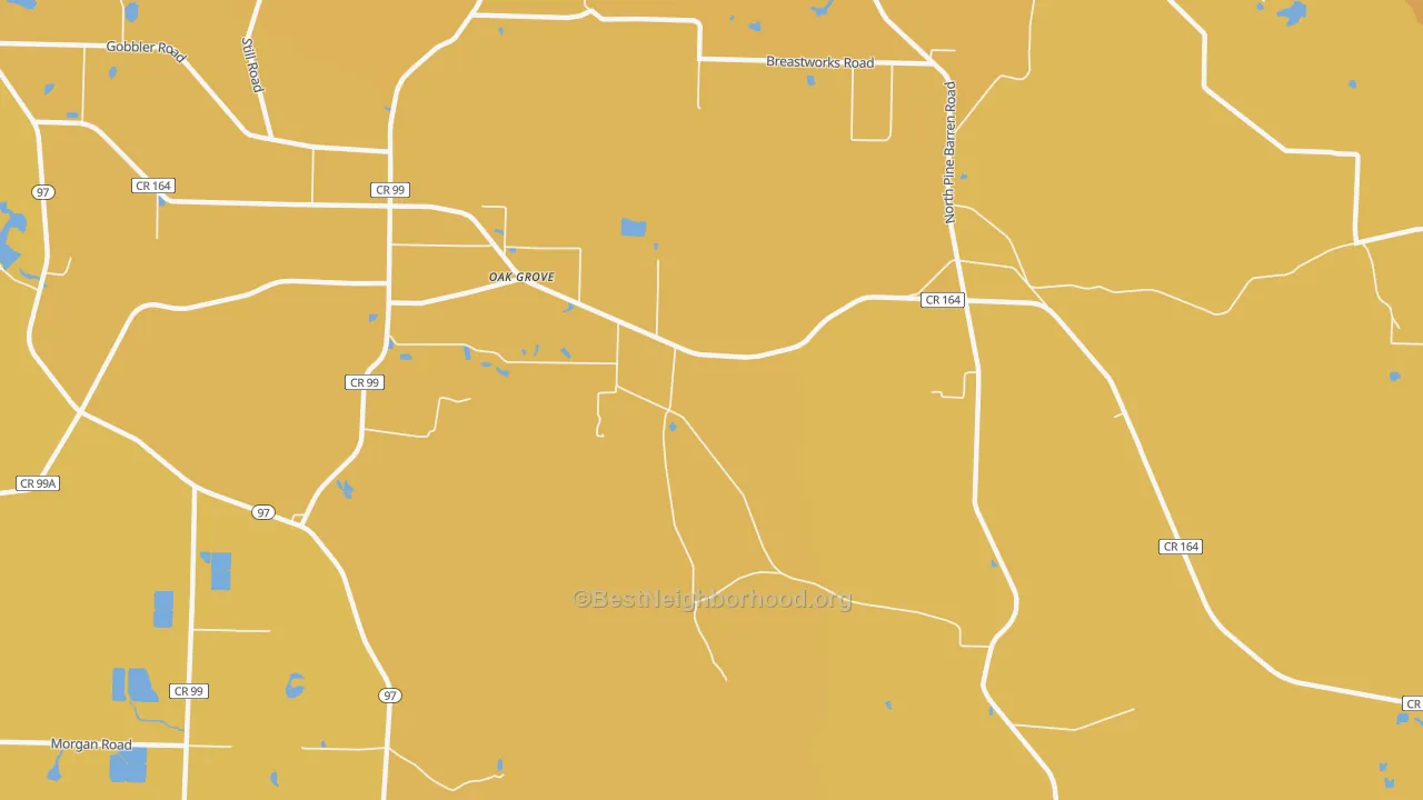 Map of the best neighborhoods in the Oak Grove area, with better matches in green and worse matches in red