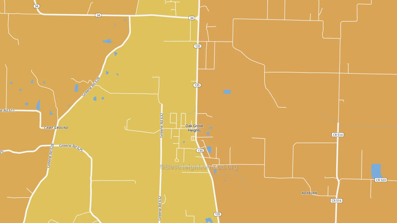 Map of the best neighborhoods in the Oak Grove Heights area, with better matches in green and worse matches in red