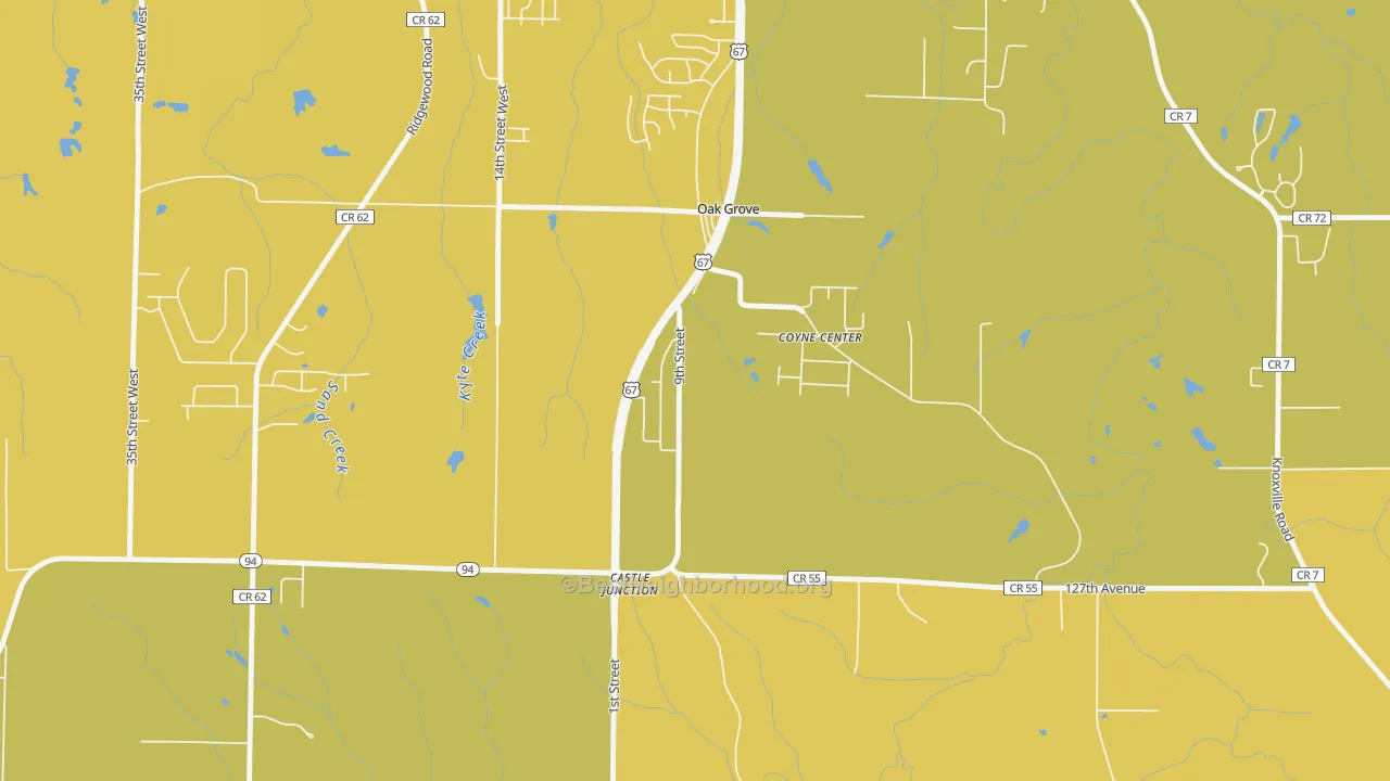Map of the best neighborhoods in the Oak Grove area, with better matches in green and worse matches in red