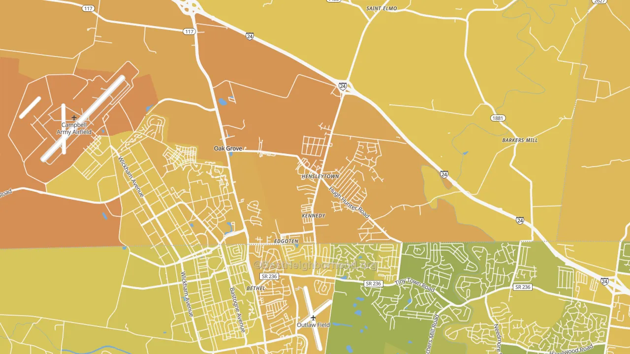 Map of the best neighborhoods in the Oak Grove area, with better matches in green and worse matches in red