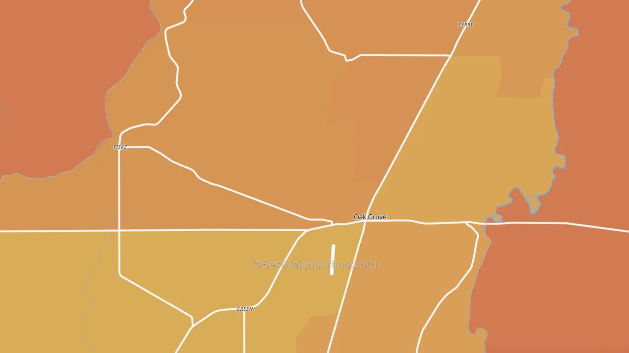 Map of the best neighborhoods in the Oak Grove area, with better matches in green and worse matches in red
