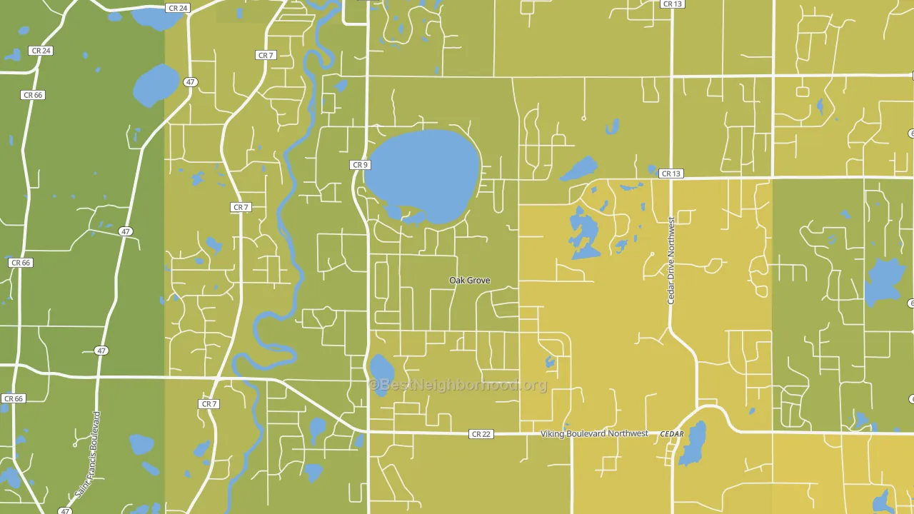 Map of the best neighborhoods in the Oak Grove area, with better matches in green and worse matches in red