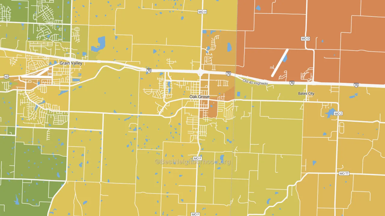 Map of the best neighborhoods in the Oak Grove area, with better matches in green and worse matches in red