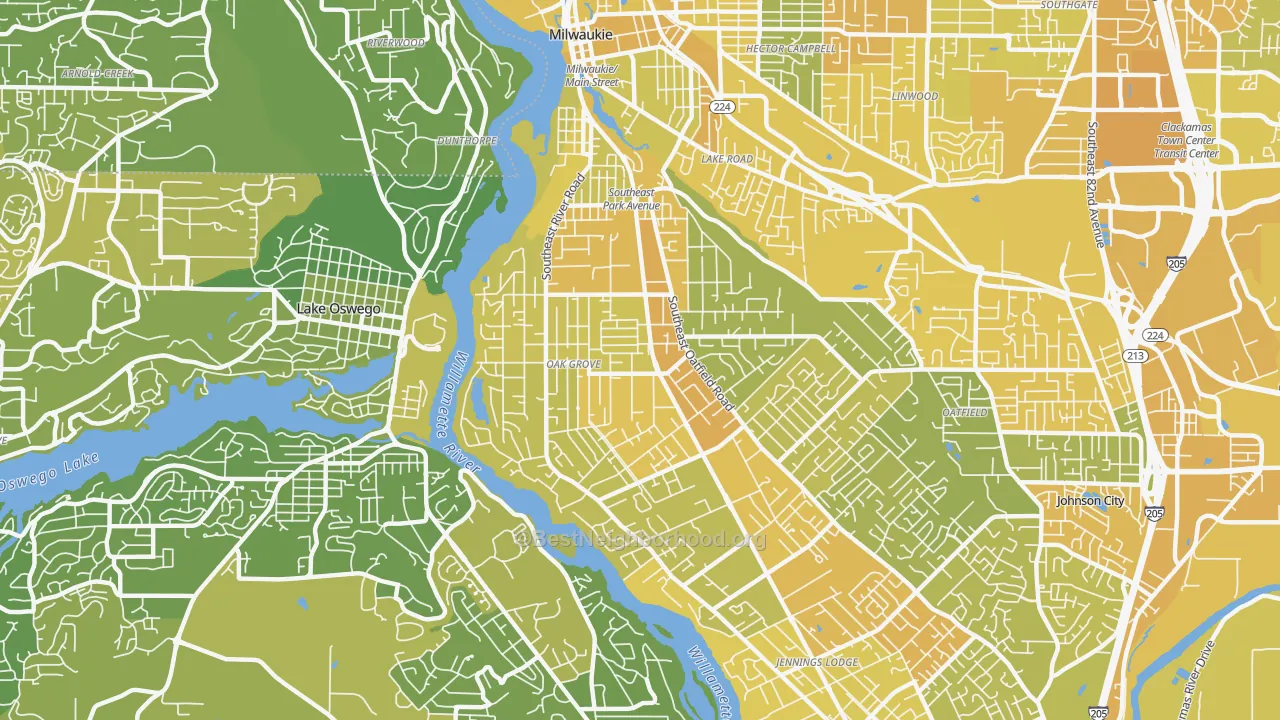 Map of the best neighborhoods in the Oak Grove area, with better matches in green and worse matches in red