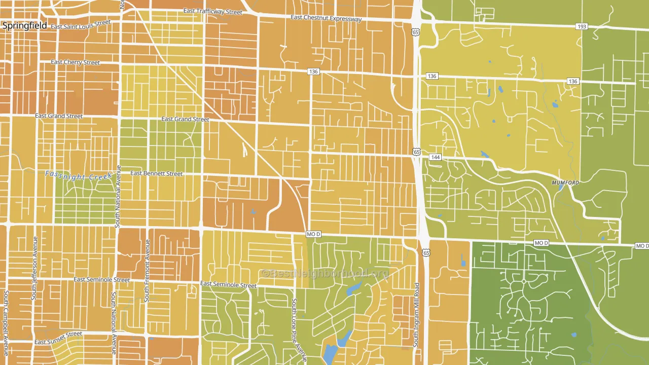 Map of the best neighborhoods in the Oak Grove, Springfield area, with better matches in green and worse matches in red