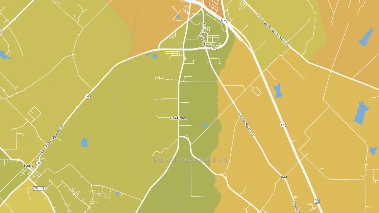 Map of the best neighborhoods in the Oak Grove area, with better matches in green and worse matches in red