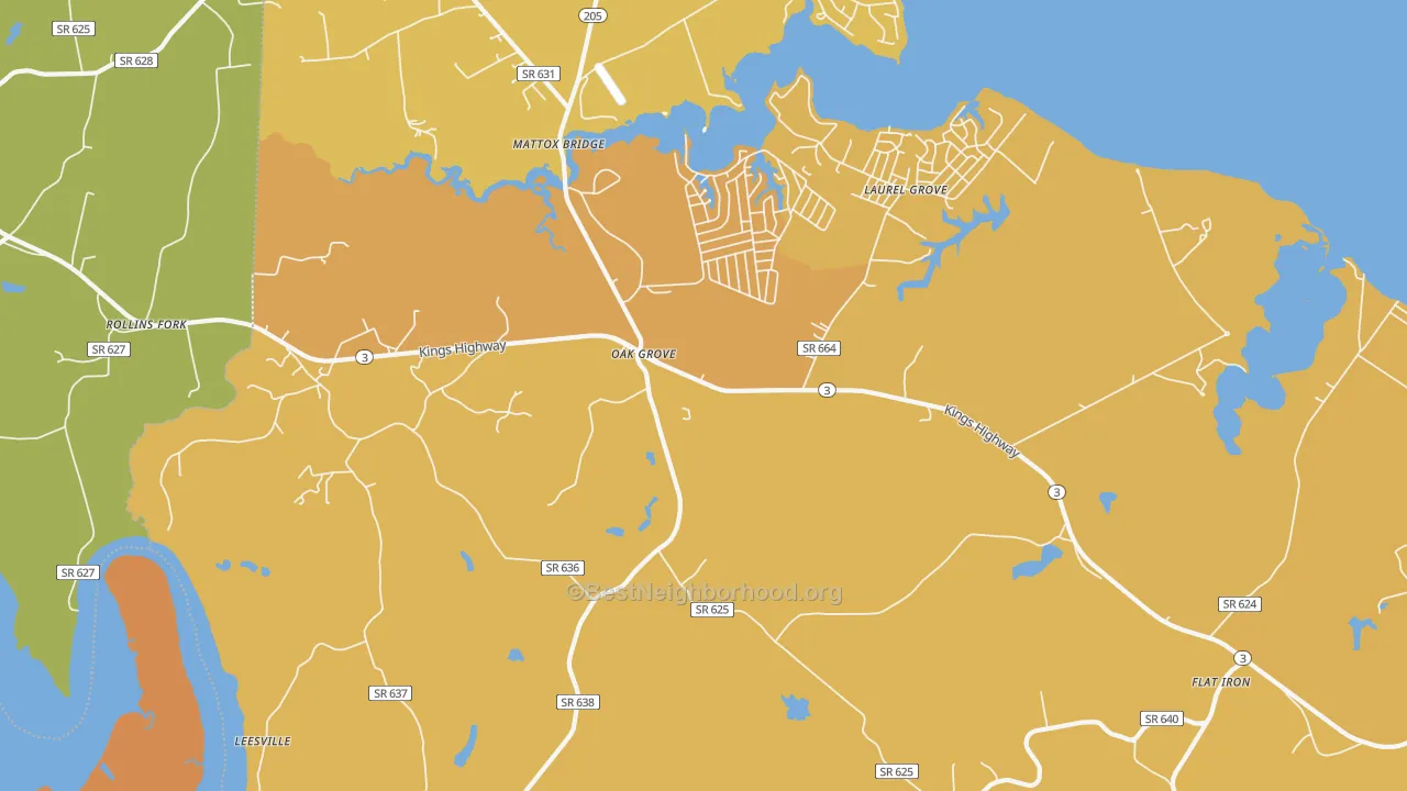 Map of the best neighborhoods in the Oak Grove area, with better matches in green and worse matches in red
