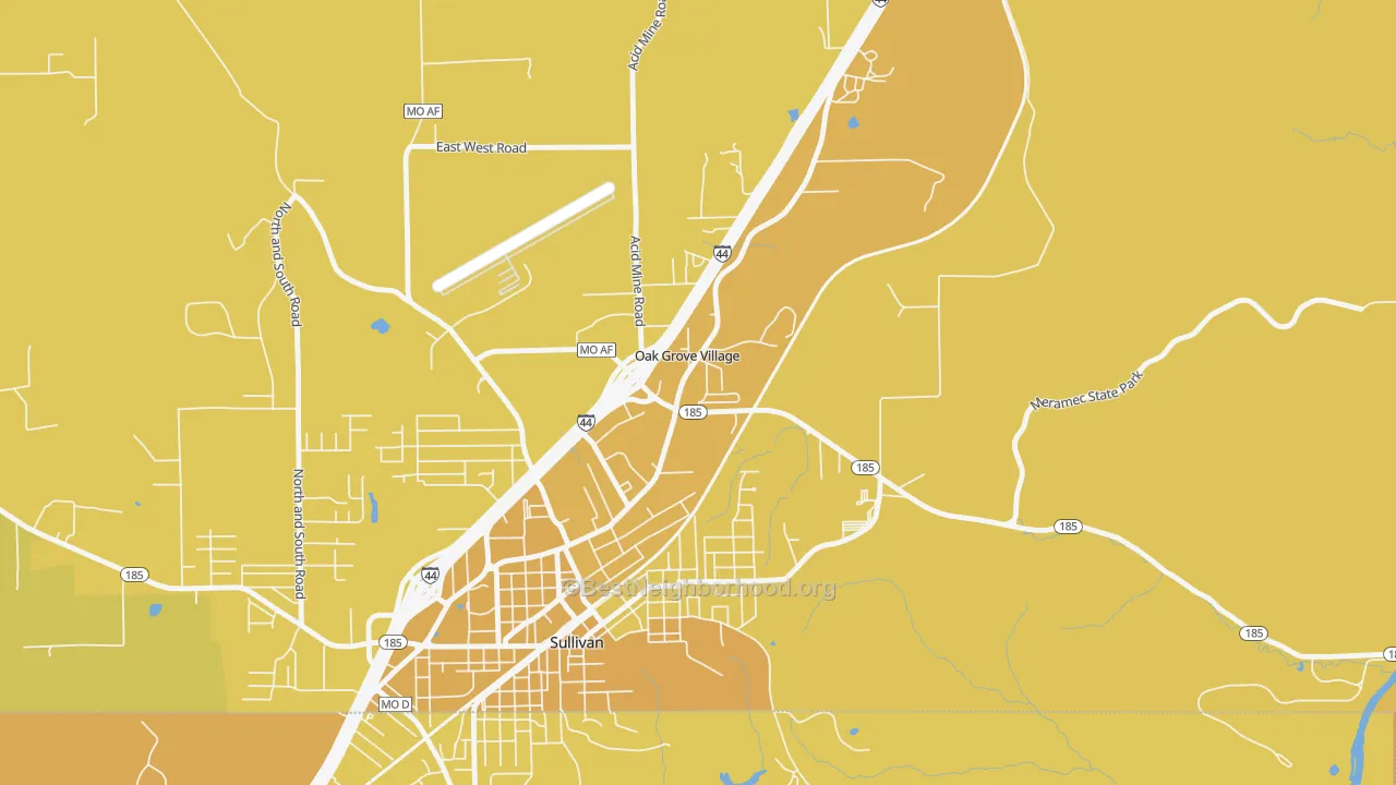 Map of the best neighborhoods in the Oak Grove Village area, with better matches in green and worse matches in red