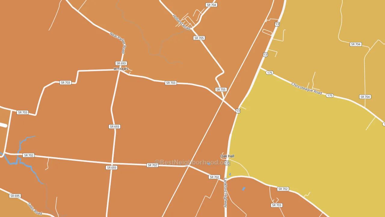 Map of the best neighborhoods in the Oak Hall area, with better matches in green and worse matches in red