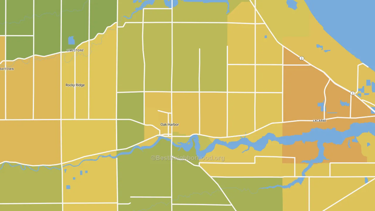 Map of the best neighborhoods in the Oak Harbor area, with better matches in green and worse matches in red