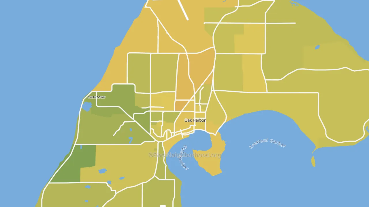 Map of the best neighborhoods in the Oak Harbor area, with better matches in green and worse matches in red