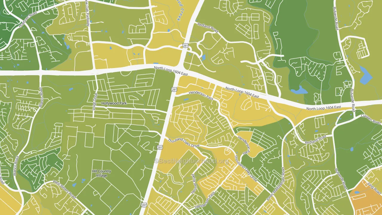 Map of the best neighborhoods in the Oak Haven Heights, San Antonio area, with better matches in green and worse matches in red