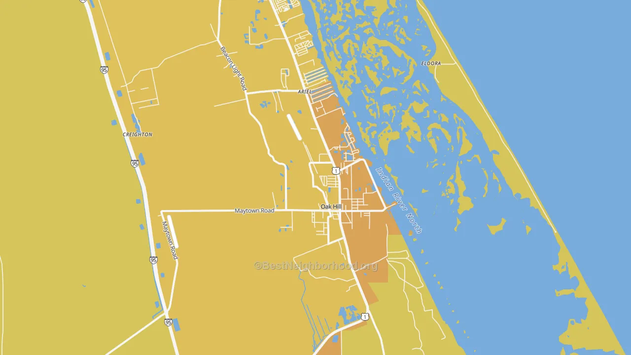 Map of the best neighborhoods in the Oak Hill area, with better matches in green and worse matches in red